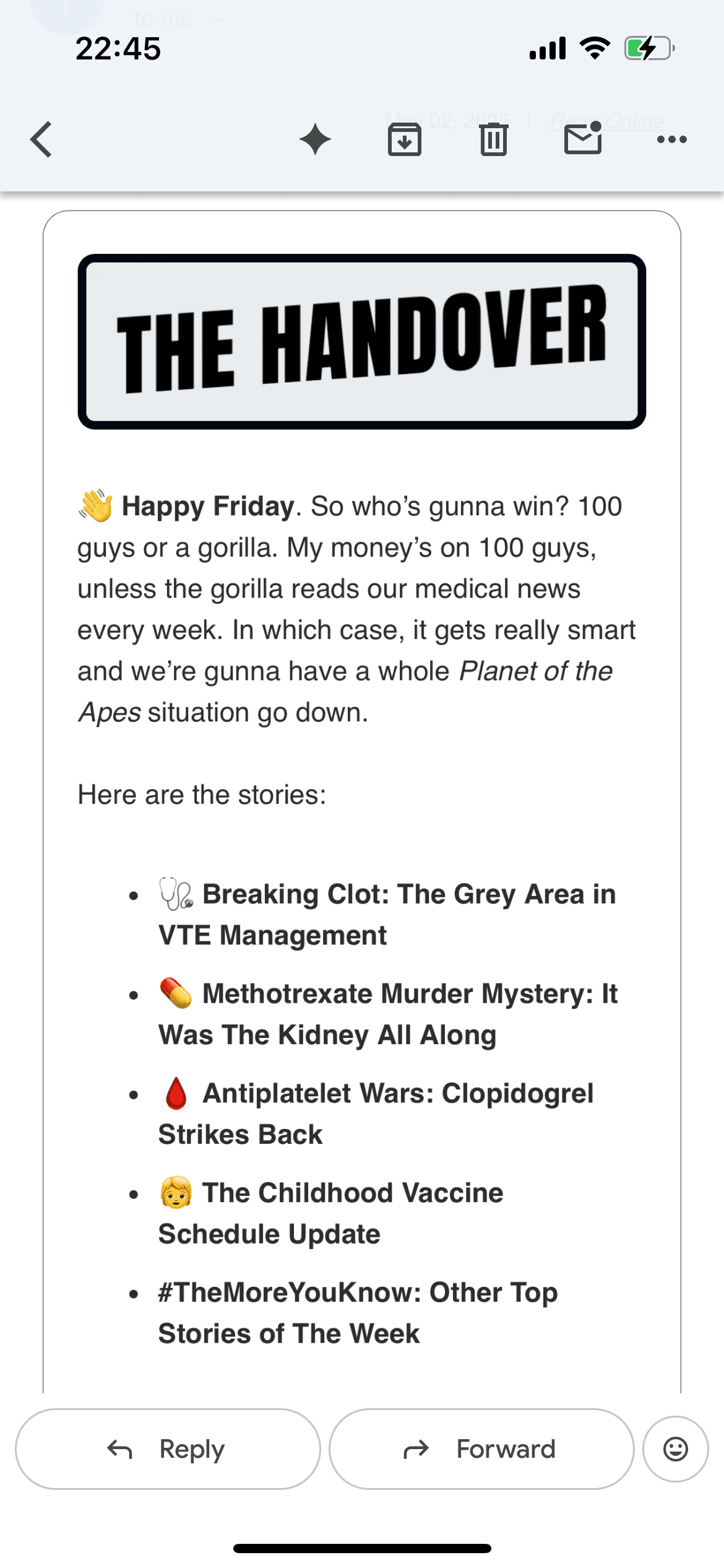 The Handover newsletter list view