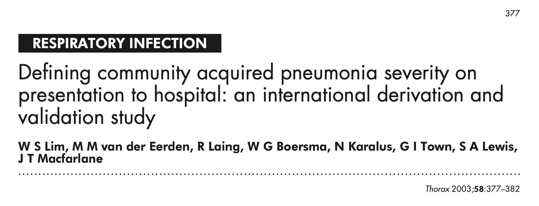 Title page of the original Thorax paper deriving and validating the CURB-65 pneumonia severity score