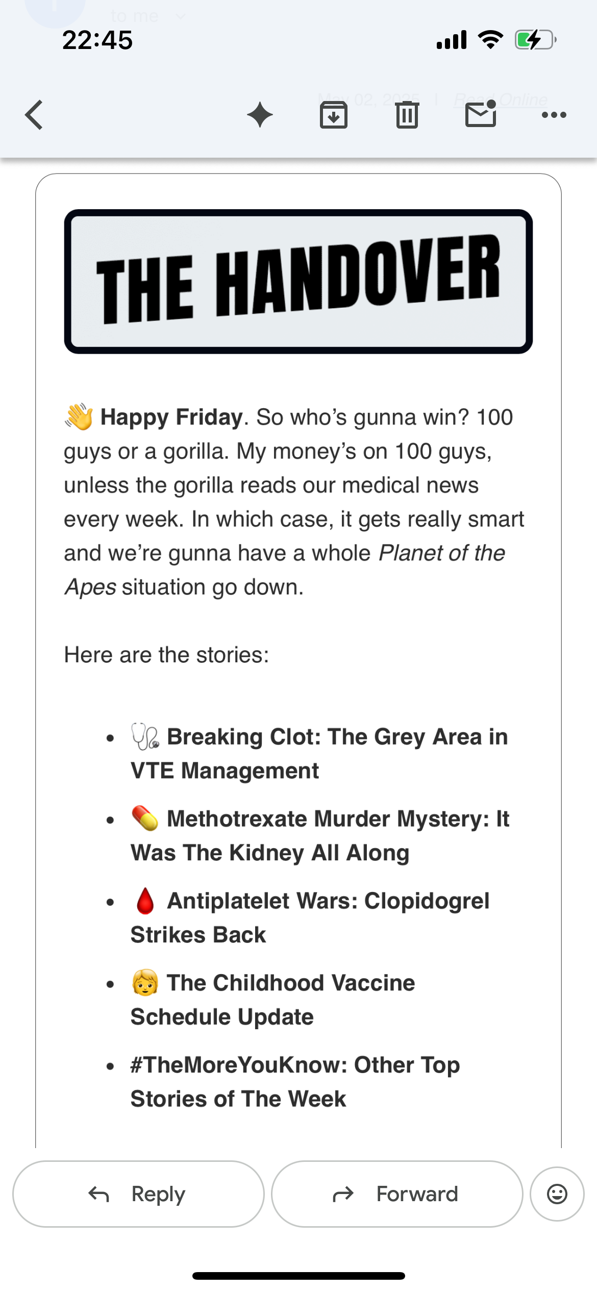 The Handover newsletter list view